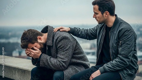 Empathetic male friend comforting grieving man on urban bench, authentic mental health support.