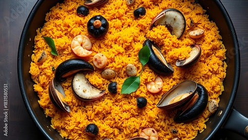 Traditional Spanish paella in shallow pan, overhead view with seafood ingredients.