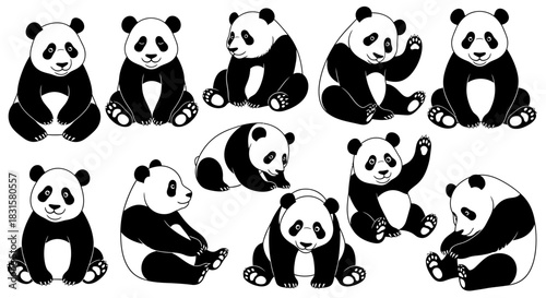 Cute cartoon panda bears in various playful poses collection.