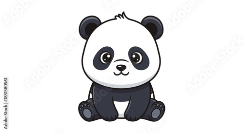 Cute cartoon baby panda character sitting, front view, isolated.