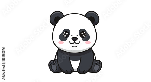 Cute cartoon giant panda cub sitting happily with rosy cheeks