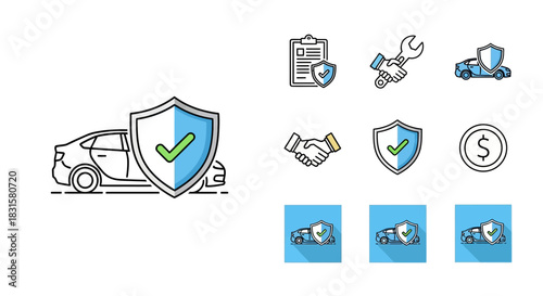 Car insurance and protection service digital icon set vector