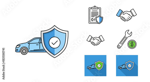Car insurance and auto service icons set, policy, protection