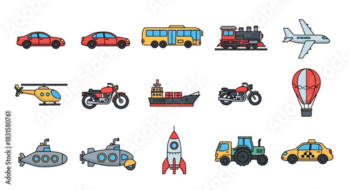 Outline set of diverse vehicles and transport icons for travel