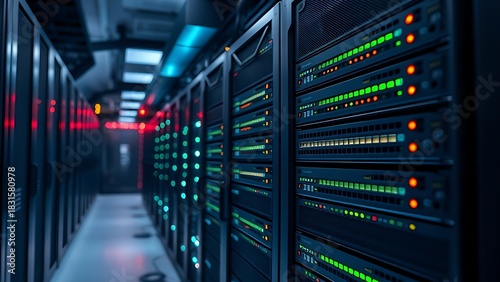 Network server rack with blinking lights, highlighting modern data center infrastructure.