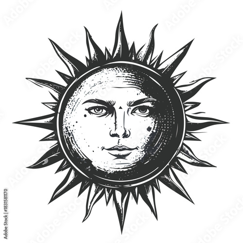 Vintage Sun Face Illustration with Detailed Features and Sharp Rays.