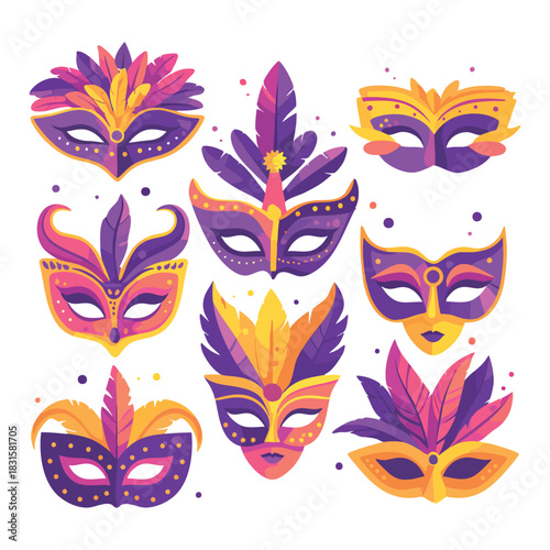 Carnival masquerade mask vector illustration set with gold and black traditional Venetian feather designs for a fantasy costume party decoration