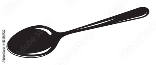 Simple black spoon silhouette illustration with stylized white highlights showing a glossy surface, presented diagonally in a clean, minimalist graphic vector style