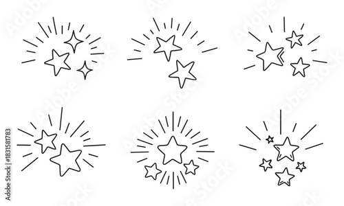 Hand-drawn doodle stars with shine effects, a collection of six different black outline icons showing sparkling and glowing starbursts for festive decoration or rating symbols