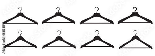 Set of black clothes hangers with question mark hooks arranged in two rows, symbolizing fashion choices, wardrobe uncertainty, and style questions in a minimalist graphic icon set