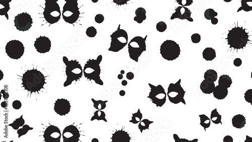 Stylized black inkblot masks and splatters create a chaotic seamless pattern, featuring mysterious faces with pointed ears in a graphic monochrome vector illustration
