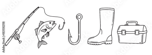 Hand-drawn fishing gear icon set featuring a fishing rod with a catch, a large hook, a rubber boot, and a tackle box in a minimalist black and white doodle style