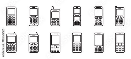 Collection of old mobile phone icons shows various vintage feature phone models with push buttons and small screens in a minimalist black and white line art vector illustration set