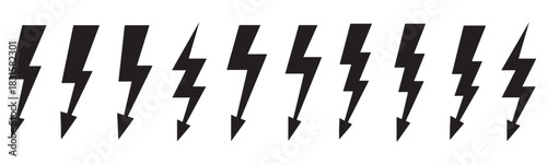 Set of black lightning bolt icons in various shapes and styles, showcasing a collection of graphic thunderbolt symbols for energy, power, and electricity concepts in a minimalist design