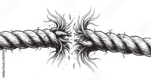 Thick frayed rope breaking apart under extreme tension, a hand-drawn black and white illustration symbolizing stress, failure, and conflict in a dramatic graphic style