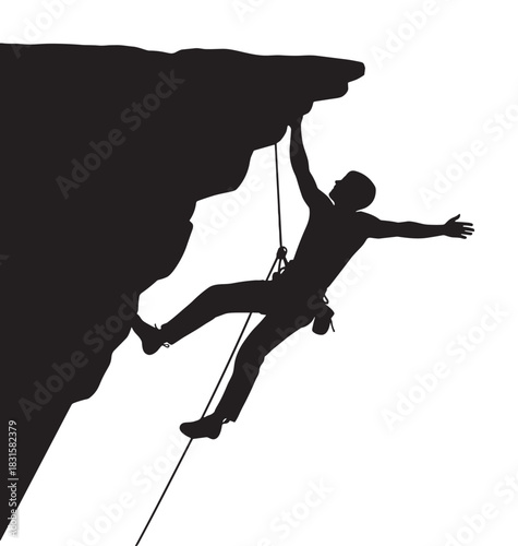 Black silhouette of a male rock climber hanging from a steep cliff face with one arm, demonstrating extreme sport, strength, and determination in a minimalist graphic style