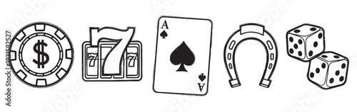 Black and white gambling and luck icons featuring a poker chip, slot machine sevens, ace of spades, horseshoe, and dice in a hand-drawn sketch style illustration