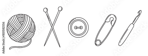 Black outline doodle icons of crafting tools featuring a yarn ball, crossed knitting needles, a two-hole button, a safety pin, and a crochet hook for handmade hobbies