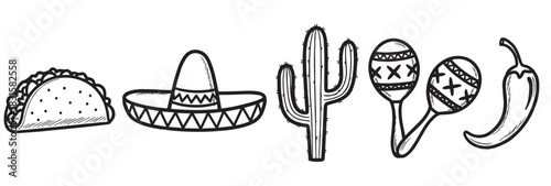 Hand-drawn set of traditional cultural icons including a taco, sombrero, cactus, maracas, and chili pepper in a black and white doodle style for a festive celebration
