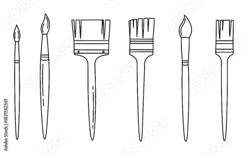 Collection of various artist paintbrushes in a simple black and white line art style, showing different shapes and sizes for painting and drawing