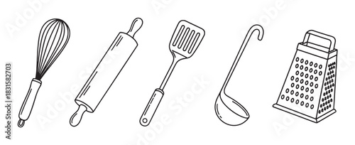 Collection of five kitchen tools drawn in a simple outline style, featuring a whisk, rolling pin, slotted turner, soup ladle, and box grater for food preparation concepts