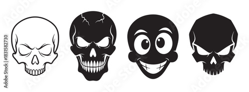 Set of four black skull vector illustrations showing different styles and expressions, including a scary silhouette, an outline drawing, and a funny cartoon face