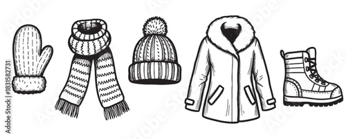 Collection of hand-drawn winter clothing including a mitten, scarf, pompom beanie, fur-hooded jacket, and boot, illustrated in a black and white sketch art style
