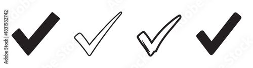 Set of four black check mark icons showing various design styles from solid geometric shapes to hand-drawn sketch outlines for voting and validation concepts