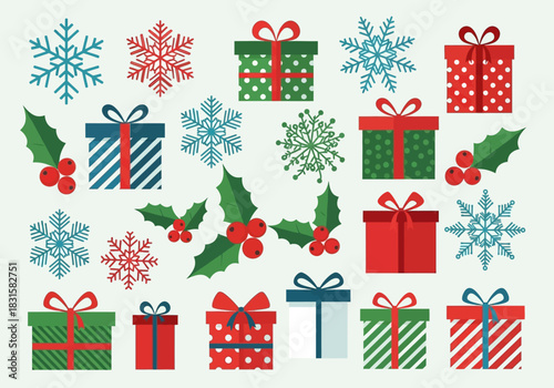 Festive Christmas Gift Boxes Snowflakes and Holly Berries Pattern.