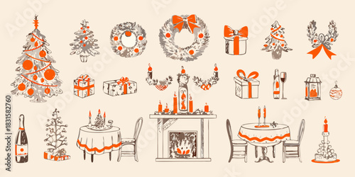 Hand drawn christmas decoration set with trees wreaths gifts and fireplace