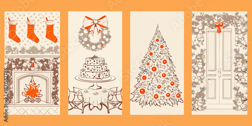 Festive holiday illustrations fireplace cake christmas tree and decorated door
