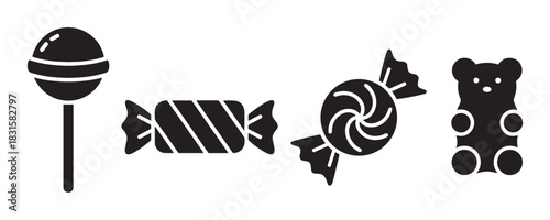 Set of four black candy icons including a lollipop, wrapped sweets, and a gummy bear in a simple minimalist graphic glyph style for confectionery and dessert themes