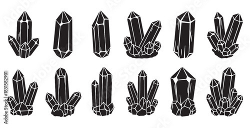 Collection of black crystal silhouettes in various shapes and sizes, including single points and geode clusters, illustrated in a simple graphic style with white line art
