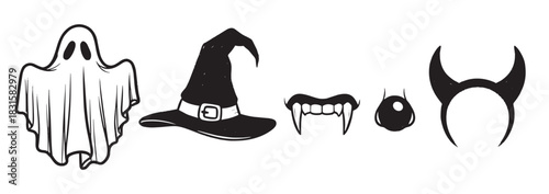 Set of black Halloween costume icons including a ghost, witch hat, vampire fangs, clown nose, and devil horns in a hand-drawn sketch style for spooky holiday celebrations