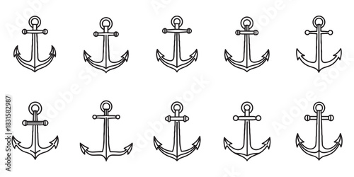 Set of ten black anchor icons in various line art styles, a collection of nautical and maritime symbols for sailing, marine, and naval themed graphic design