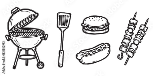 Black and white hand-drawn set of barbecue icons including a kettle grill, spatula, hamburger, hot dog, and kebabs in a simple sketch style for summer cookout concepts