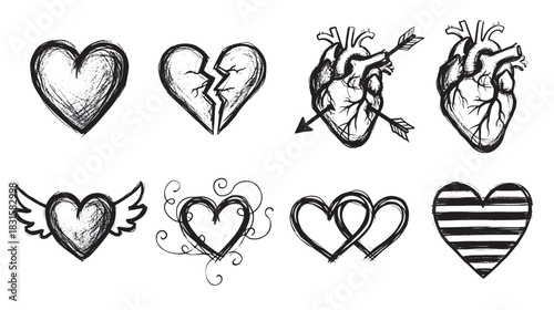 Hand-drawn heart icons set in a black grunge sketch style, featuring broken, anatomical, winged, striped, and intertwined symbols of love, romance, and heartbreak