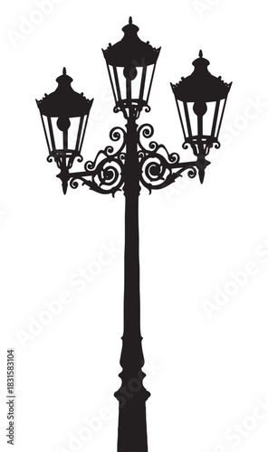 Ornate black vintage street lamp silhouette with three lanterns and decorative scrollwork, a classic European style illustration of an antique light post for urban design