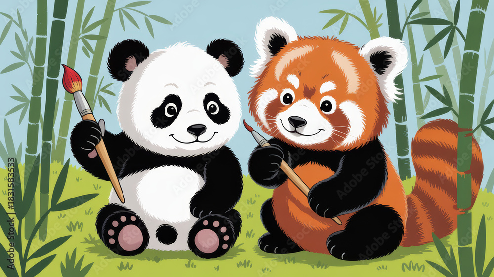 Obraz premium Cute panda and red panda with paintbrushes in a bamboo forest.