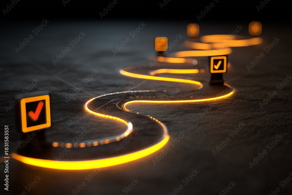 Naklejka premium A glowing path with checkpoints, a concept for a business roadmap, customer journey, or project milestones