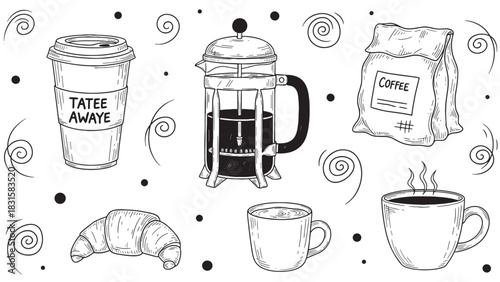 Hand-drawn black and white illustration set of coffee shop items including a French press, takeaway cup, croissant, steaming mug, and a bag of beans in a doodle sketch style