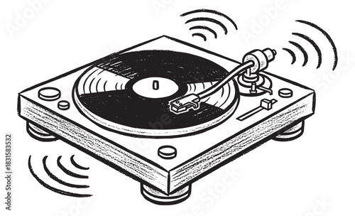 Vintage record player with a spinning vinyl disc in a black and white, hand-drawn sketchy style, featuring a tonearm on the groove and stylized sound waves for music