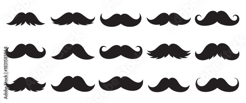 Collection of black mustache silhouettes in various styles, including classic, retro, and handlebar, presented as a set of simple graphic icons for design elements