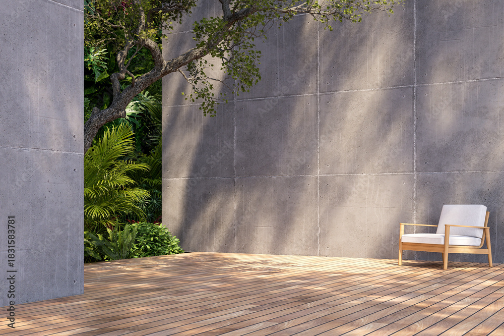 Obraz premium 3D render of a minimalist outdoor space with wooden deck, concrete walls, single lounge chair, and tropical tree extending through wall opening, blending modern architecture with natural serenity.
