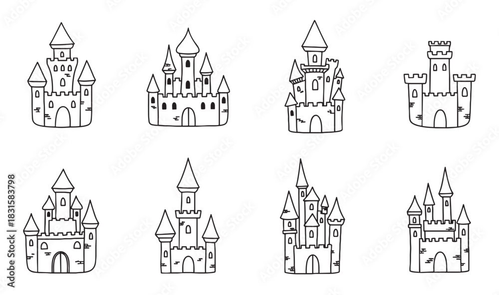 Fototapeta premium Collection of eight hand-drawn fairytale castles in a simple black outline style, featuring various cute medieval fortress designs with towers and turrets