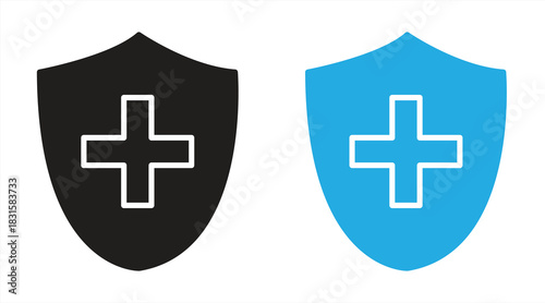 The shield icon with a cross symbolizes health protection, immune system defense, and overall safety. Vector illustration