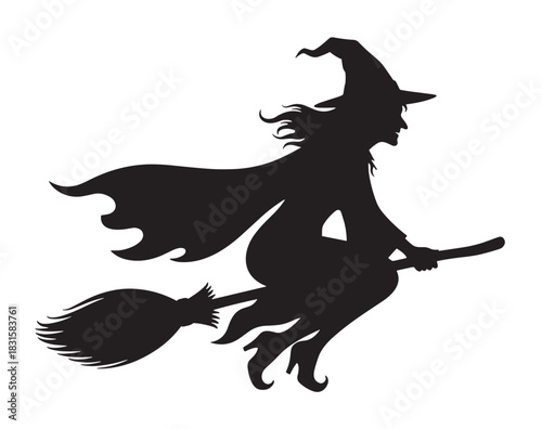 Classic black silhouette of a wicked witch in profile, flying on her broomstick with a pointy hat and a cape billowing in the wind for a spooky holiday theme