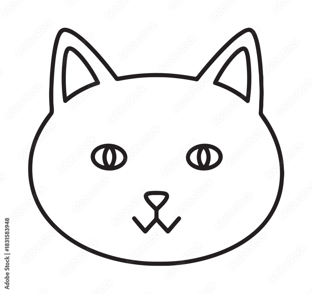 Obraz premium Simple black line art icon of a cat's head with pointed ears and stylized eyes, representing a domestic pet or feline character in a minimalist graphic illustration style