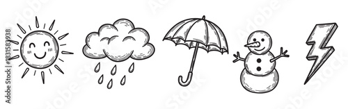 Hand drawn weather forecast icon set with a cute smiling sun, rainy cloud, umbrella, snowman, and lightning bolt in a black and white doodle sketch style illustration