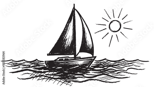 Charming black and white hand-drawn sketch of a sailboat cruising on wavy seas, a simple artistic illustration with a rough, textured, grunge-style aesthetic